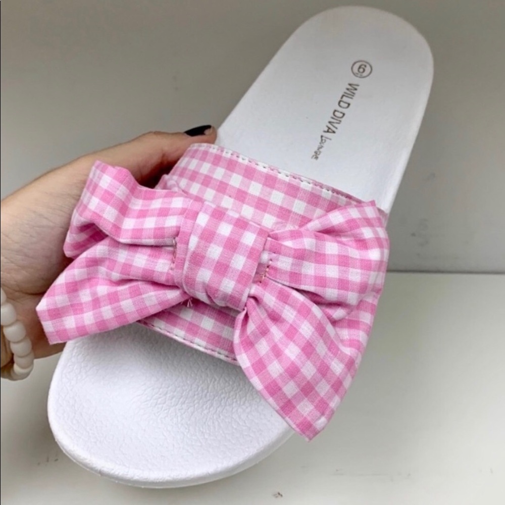 Wild Diva Pink Gingham Slide Sandals Shoe